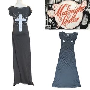 MIDNIGHT RIDER X NUDIE’S RODEO TAILORS CROSS GRAPHIC CHARCOAL MAXI DRESS *RARE*
